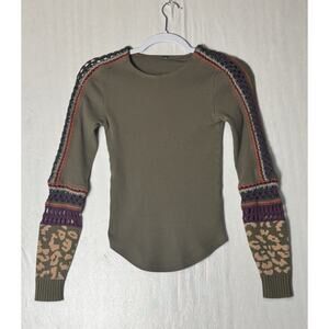 Free People Earthy Green Switch It Up Cuff Thermal Top Y2K Boho Hippie Knit XS
